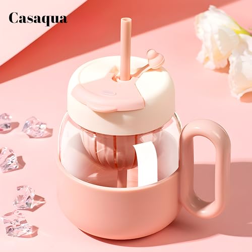 Image of Glass Tea Infuser Mug with Straw & Handle - 550ml, Set of 1, Cute Heart Design Cup, Drinking Glass for Iced Coffee, Matcha, Milk, Juice, Smoothies & Water, Reusable Travel Mug (Random Color)