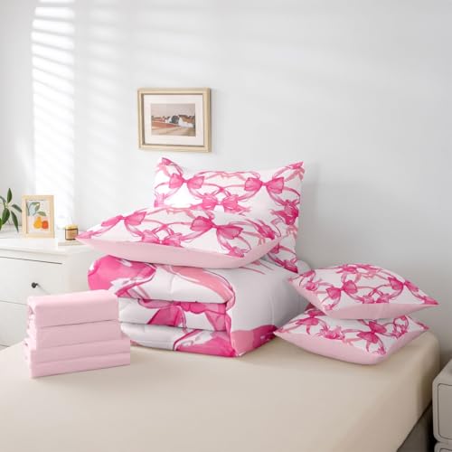 Image of Pink Bow Comforter Set 7 Piece Bed in a Bag Twin | Kawaii Ribbon Bowknot Bedding Sets Princess Bow Comforter and Sheet Set, Kawaii Bow Tie Bed Sets,Pink Decor for Bedroom