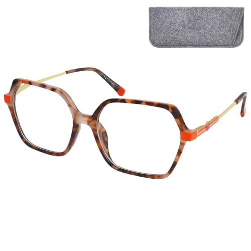 Mini Brille - Gafas de Lectura Retro y Lentes Hexagonales Grandes, Funda Inclus, Oversize Montura el Plástico con Patillas Metálicas (Naranja tortuga), Modernas Lentes de Lectura Mujer +1.5 Dioptrías