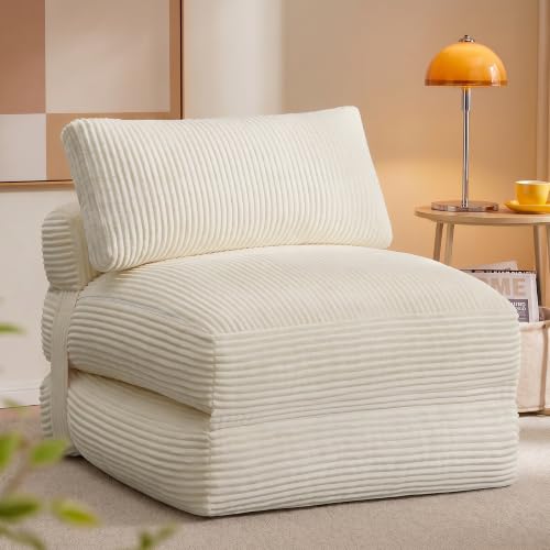 VASAGLE Chauffeuse Convertible, Fauteuil en Velours Côtelé et Mousse, Lit d'Appoint Pliable, 89 x 89 x 78 cm / 89 x 195 x 43 cm, Blanc Crème, pour Salon,...