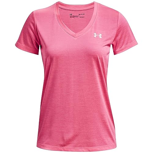 Under Armour Womens Tech V-Neck Twist Short-Sleeve T-Shirt, (643) Pink Punk/White/Metallic Silver, X-Small