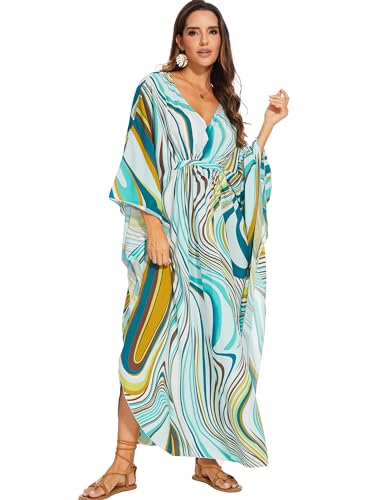 Image of Moss Rose Kaftan Dresses for Women V Neck Summer Swimsuit Cover up Caftan Maxi Beach Dresses