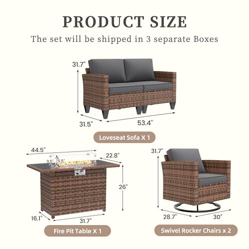 Image of UDPATIO 5 Pieces Patio Furniture Set with Fire Pit Table, Outdoor Furniture Set with Rocking Swivel Chairs, Wicker Patio Set with Waterproof Cover, 4'' Thickened Cushion, Grey