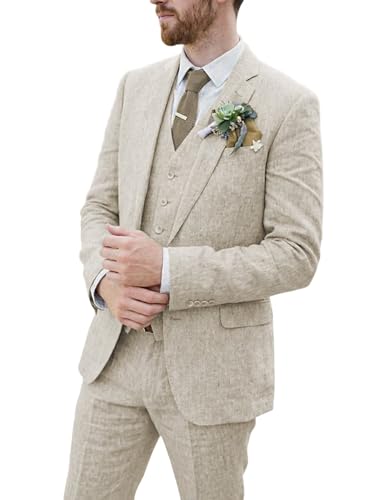 Bofan Men Suit Linen Wedding Suits for Men Beige 3 Pieces Prom Tuxedoes Linen Suit Jacket Vest Pant for Men Groomsmen Attire BE-4034