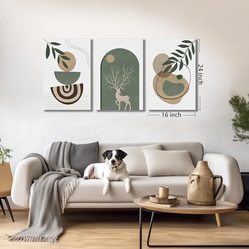 Image of Boho Sun Canvas Wall Art Set of 3, Neutral Abstract Minimalismt Bohemian Geometric & Botanical Plants Pictures Prints Artwork Paintings Wall Decor for Bedroom Living Room Home Decoration 16x24 inches