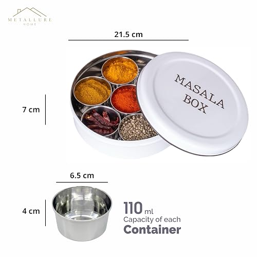 Image of Metallure Home Modern Stainless Steel Masala Box | Masala Dabba with 7 Containers and Spoon | Kitchen Spice Storage Container | Masala Dani (Spoon Included) | Handcrafted Aesthetic Design (White)