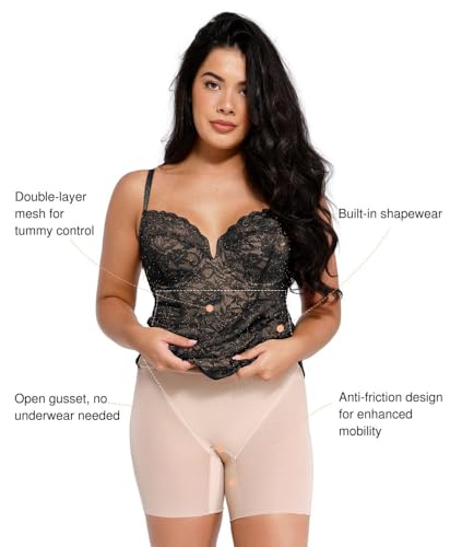 Image of Popilush Lace Corset Dress with Built in Shapewear Formal Cocktail for Women Deep V Neck Side Slit Bodycon Midi Black