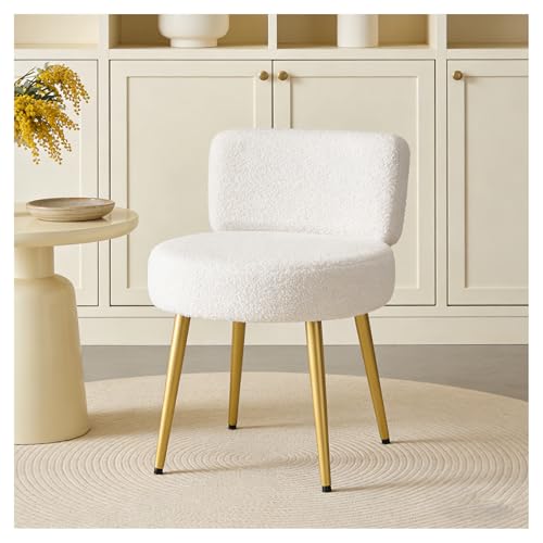 INMOZATA White Teddy Boucle Chair - Modern Upholstered Vanity Chair with Gold Metal Legs Compact Armless Dressing Table Chair for Bedroom Living Room & Dressing Room (White)