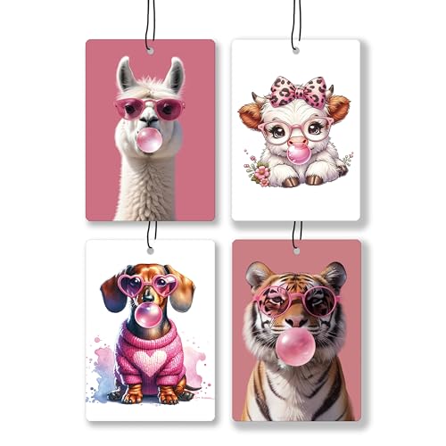 Image of Trendy Pink Animal Lavender Car Air Freshener, Funny Sheep Cow Tiger Dachshund Hanging Air Freshener 4 Pcs for Cars Closet Drawer Books, Cute Girly Car Accessories Mirror Decor for Women