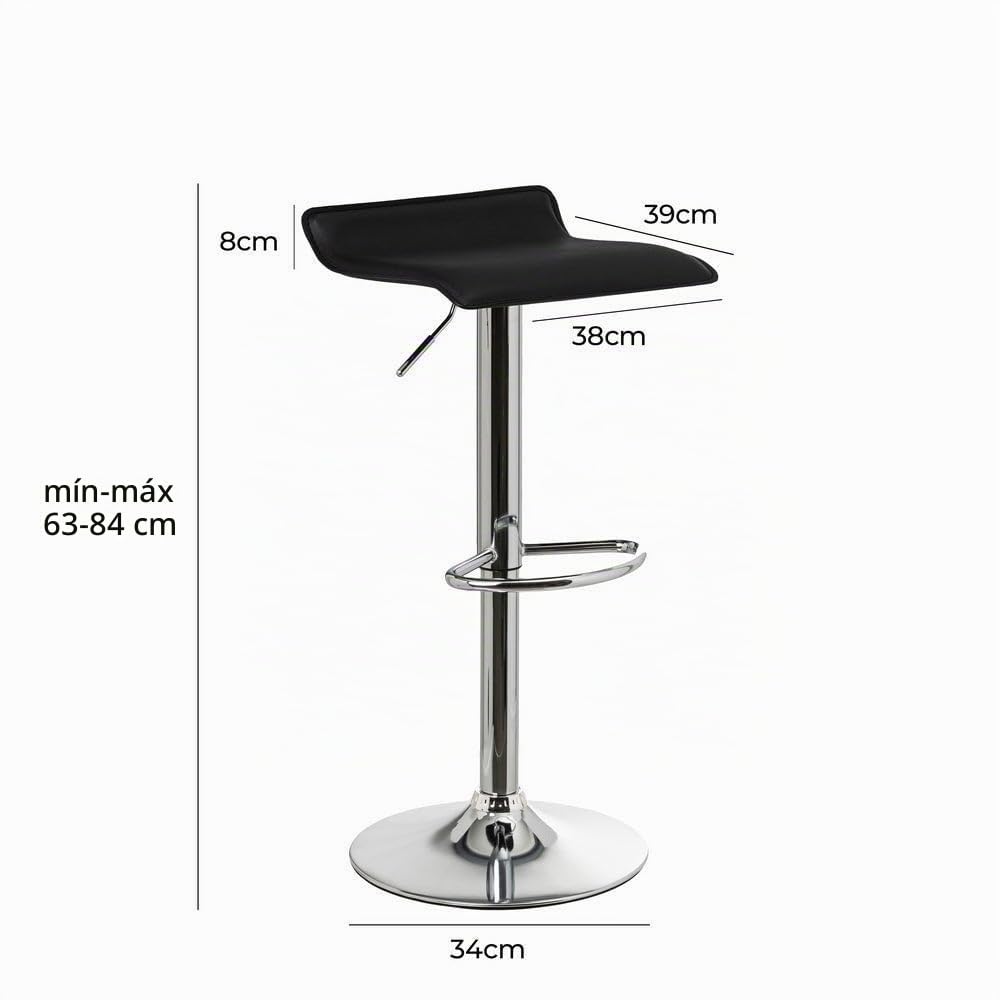 2 taburetes de cocina regulables en altura negros cuadrados sin respaldo | Asiento cuadrado tapizado en polipiel. Sin respaldo. Pie giratorio gris. Altura ajustable de 63 a 83 cm. Resiste hasta 120 kg