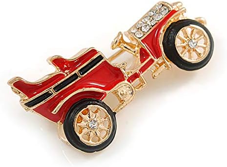 Small Vintage Retro Classic 1920's 30's Red/Black Enamel Car Brooch In Gold Tone Metal - 35mm Across, white / ivory, gold, red - Image 5