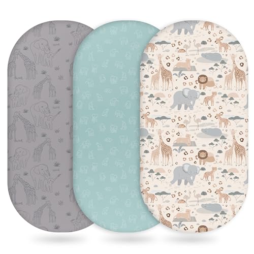 Image of Unnivoll Baby Bassinet Sheets Girl Boy, Fitted Bassinet Sheet Set 3 Pack Bassinet Mattress Sheets Universal Fit for Rectangle, Round, Oval, Hourglass Mattress, Soft Breathable Elephant