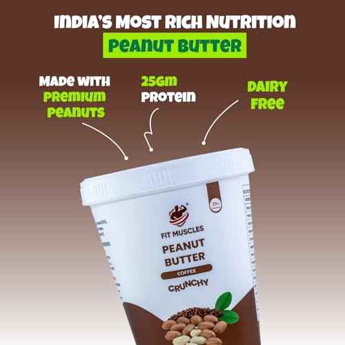 Image of Fit Muscles Coffee Crunchy Peanut Butter 1kg, 25g Protein, Crunchy Peanut Spread, Rich Coffee Flavour, Natural Peanut Butter, No Palm Oil, No Artificial Flavour, Healthy Breakfast Gym Diet Food