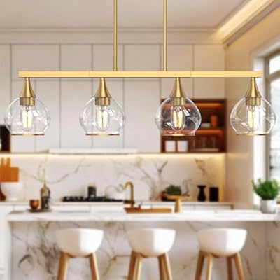 Phaosio Kitchen Island Linear Pendant Light, 4-Light Gold Dining Room Chandelier with Clear Glass Globe Shades, Modern Linear Lighting Fixture Over Table
