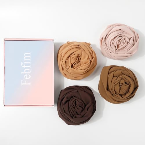 Image of Febfim 4 PCS Muslim Women Soft Premium Solid Chiffon Hijab Scarves Shawl Long Scarf Wrap Scarves with Gift Box