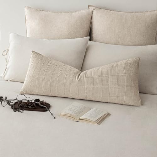 Image of Foindtower Set of 2 Decorative Linen Check Throw Pillow Covers Neutral Long Body Lumbar Cushion Covers Farmhouse Vintage Home Decor for Sofa Chair Couch Bedroom Living Room,14x36 Inch,Natural Linen