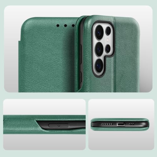 Image of PULOKA Premium Vegan Leather Phone Cover with Card Slot - Compatible with Samsung Galaxy S25 Ultra - Sleek Flip Case, Slim, Durable, Privacy Protection, Kickstand Function (Green)