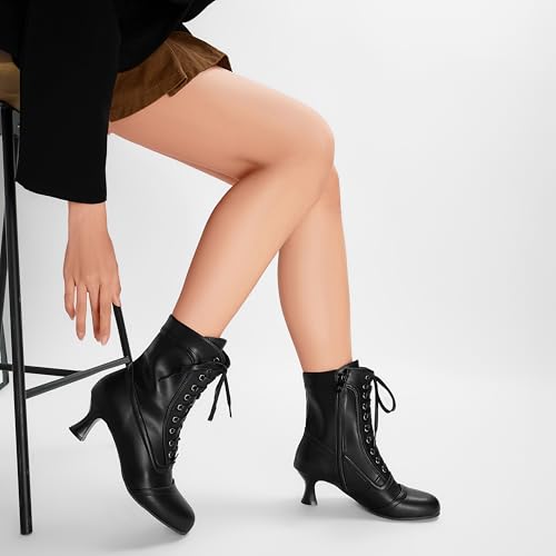 Women Victorian Boots Lace Up Ankle Boots Round Toe Kitten Heel vintage Booties Side Zipper4