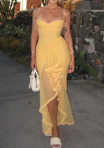 NRTHYE Women Elegant Irregular Ruffles Hem Maxi Dress Mesh Ruched Sleeveless Backless Pleated Long Party Club Dresses2