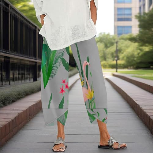 Womens Capris Pants 2025 Summer Patterned Print Wide Leg Elastic High Waist Trousers Plus Size Pant with Pockets3