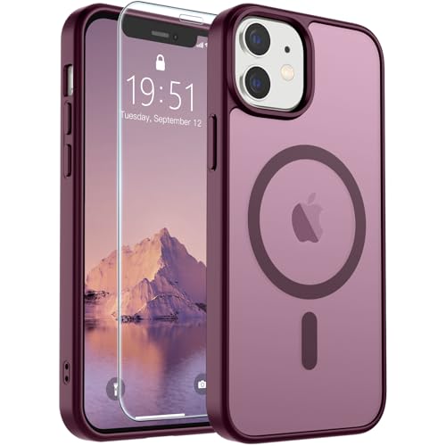 Image of SUPFINE Magnetic for iPhone 12 Mini Case & iPhone 13 Mini Case with Screen Protector (Compatible with MagSafe) (Military Grade Drop Protection) Translucent Matte Shockproof Phone Cover,Wine Red