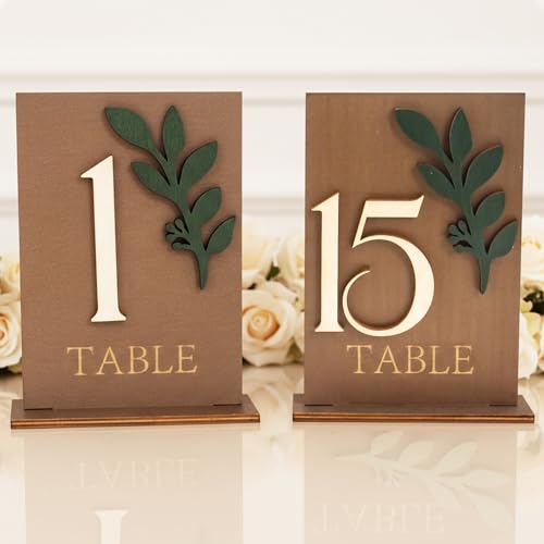 Image of Wedding Table Numbers 1-15 with Holders, Elegant Wood Table Numbers with Eucalyptus Leaves for Wedding Reception, Centerpiece Decoration, Event, Party