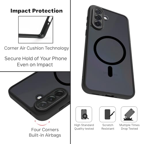 Image of RIGGEAR Shockproof Sleek Hybrid Armor Magnetic Back Cover Case Compatible with MagSafe Accessories for Samsung Galaxy A36 5G (Smoke Black Matte PC + Black TPU Bumper)