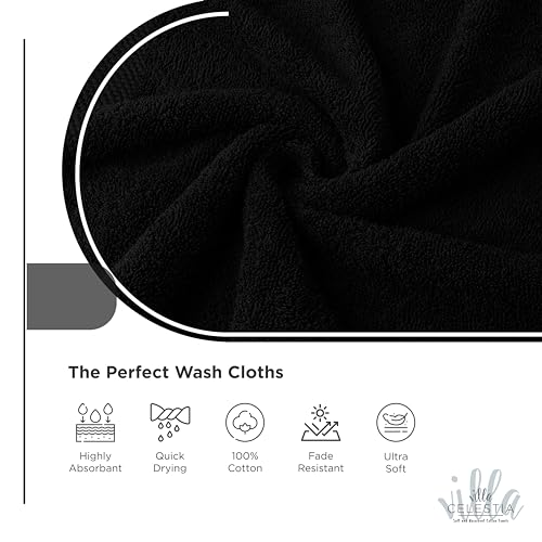 Image of Villa Celestia Cotton Washcloths Set of 6, 12x12 Inch, 100% Ring-Spun Combed Cotton, Soft Absorbent Quick-Dry Wash Cloths for Face and Body, Oeko-TEX Certified, Hotel & Spa Quality, Black