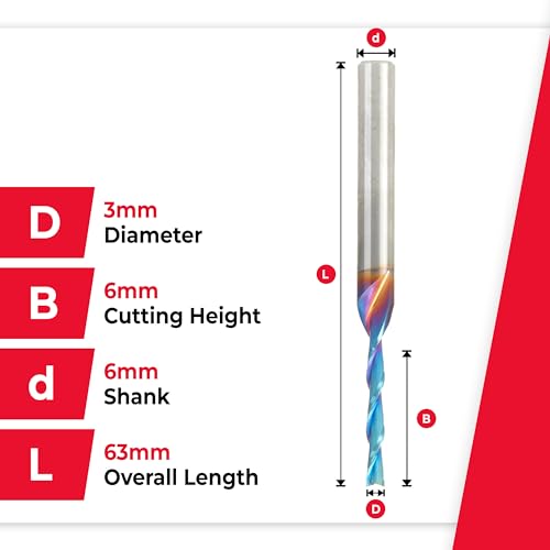 Image of Amana Tool 48216-K SC Spektra Extreme Tool Life Coated Spiral Plunge 3mm Dia x 20mm CH x 6mm SHK 63mm Long Down-Cut Router Bit for Drilling Shelf Pin Holes
