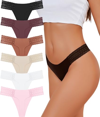ALL OF SHE Pack de 6 Tangas Mujer Pack Bragas Sin Costuras Mujer Sexy con Encaje Talle en V Lencería Ropa Interior M