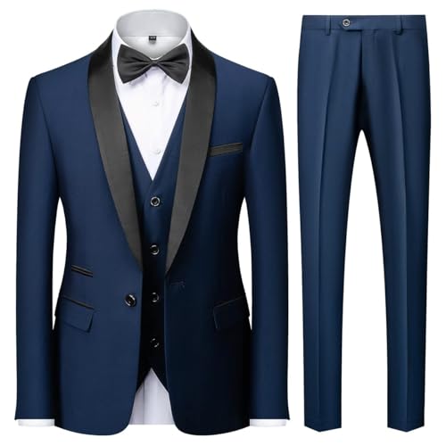 KUDMOL Mens 3 Pieces Suit Slim Fit One Button Shawl Lapel for Wedding Prom Blazer Vest Trousers Set (Deepblue,L)