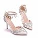 Zapatos De Novia, Zapatos De Boda De Gran Tamaño De Encaje De Perlas Con Punta Puntiaguda De 9.5 CM, Sandalias De Tacón De Aguja Con Pedrería Y Tacones De Perlas,Blanco,42EU