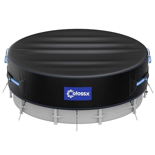 Colossx 24 Ft Round Pool Cover with Reflective Strips 600D Swimming Pool Cover for Above Ground Pools Solar Cover with Drawstring and Ground Nails for Dustproof