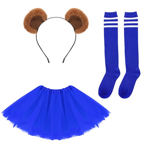 Chicingyou 3 Pcs Bear Costume Accessory Set Halloween Costumes Include Bear Ear Headband Head Wear Tutu Dress Knee High Socks(Royal Blue)