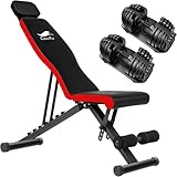 CuteeFox 商品 トレーニングベンチ＋可変式 ダンベル 24kg アジャスタブルダンベル 2個セット 2.5～24kg 15段階調節 5秒で重量調整 クイックダンベル 筋トレ 折り畳み フラットベンチ 角度調節簡単 腹筋 背筋 ダンベルベンチ 収納便利 (黒)