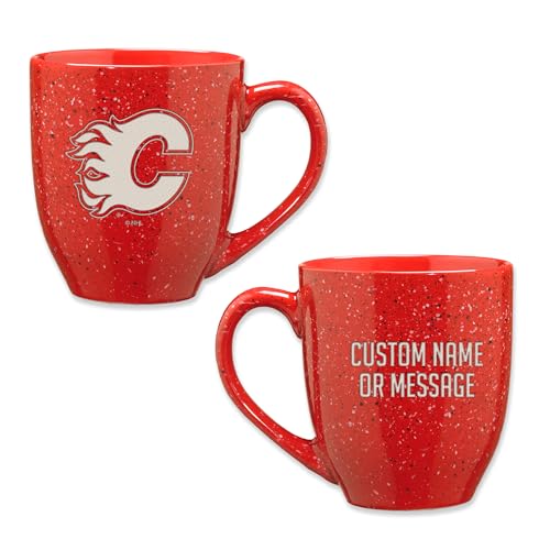 Image of Rico Industries NHL Hockey Calgary Flames Red Personalized 16 oz Team Color Laser Engraved Speckled Ceramic Coffee Mug