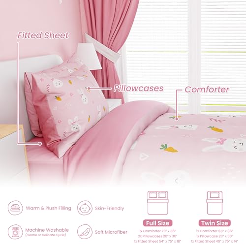 Image of SANDJEST Rabbit Comforter Set Twin Size 68x86in for Kids Girls, Microfiber 3 Pcs Bedding Set Includes 1 Comforter, 1 Pillowcase, 1 Fitted Sheet, Nursery Room Decor