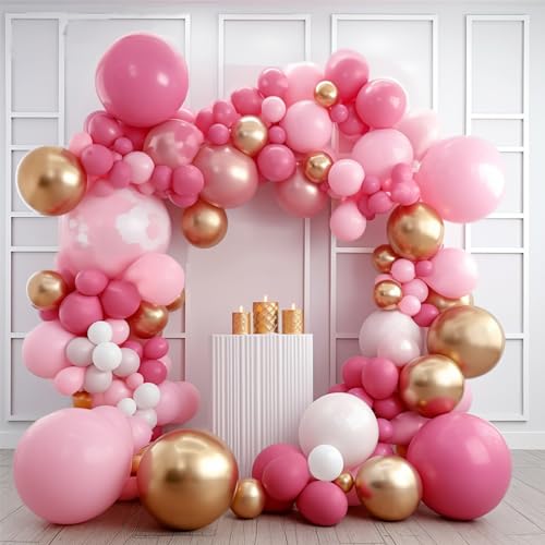 Image of PartyWoo Pink and Gold Balloons, 140 pcs Pastel Pink and Chrome Gold Balloons Different Sizes Pack of 18 Inch 12 Inch 10 Inch 5 Inch for Balloon Garland Arch as Birthday Decorations, Party Decorations