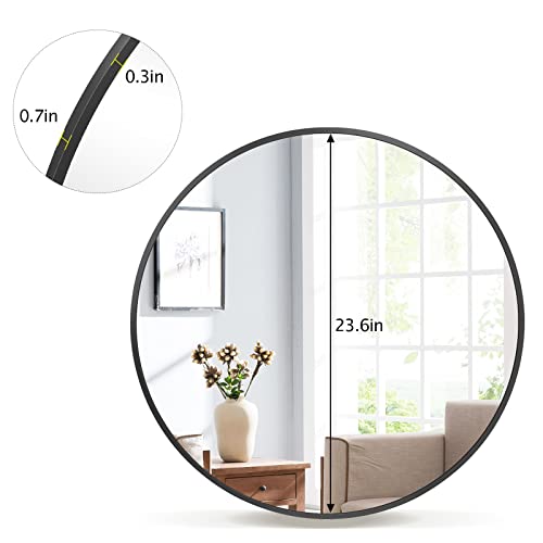 Image of VooBang Round Mirror 23.6 inch Black Wall Mounted Circle Mirrors Vanity Mirror with Aluminum Alloy Frame Modern Decoration for Bathroom, Living Room, Vanity, Bedroom, Entryway
