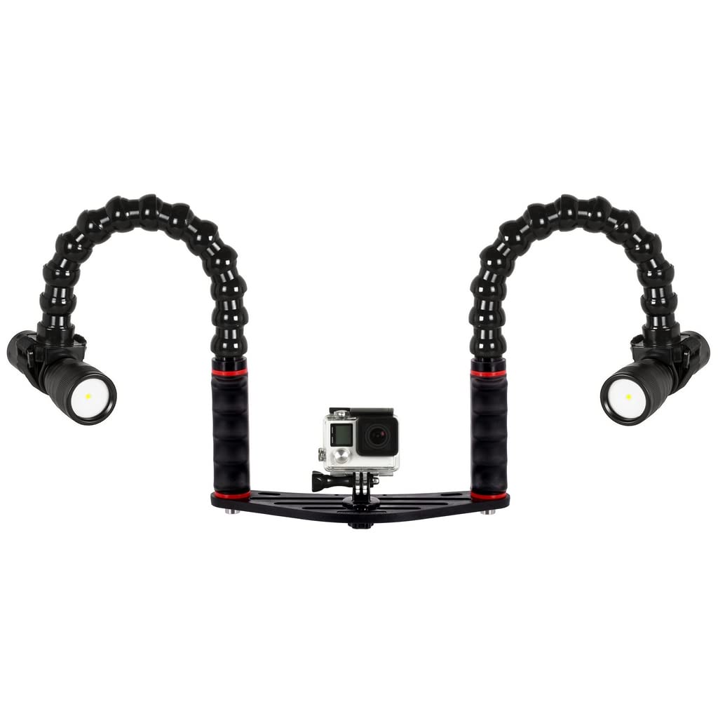 Platine Universel de Plongée Action Camera pour GoPro DJI Osmo et Caissons Photo sous Marine avec Double Poignée Bras Flexible Support Lampes Plongée sous-Marine FLEX-ARM ST20115
