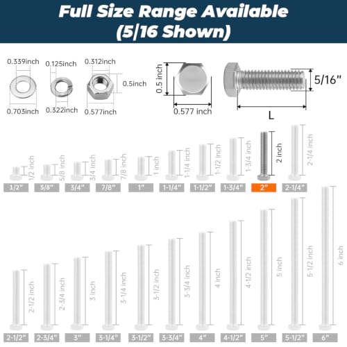 Image of 10 Sets Glvaner 5 /16-18 x 2 inch Stainless Steel Hex Head Screws Bolts, Nuts, Flat & Lock Washers, 18-8 (304) Stainless Steel, Full Thread, Coarse Thread