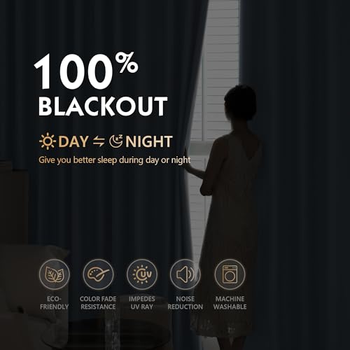 Image of FMFUNCTEX 100% Blackout Curtains for Bedroom, Smoky Blue Curtains 63 Inches Long Textured Thermal Insulated Curtains for Living Room Drapes, Black Out Drapery Grommet Room Darkening 2 Panels