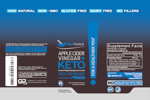 Image of Herbtonics Apple Cider Vinegar + Keto BHB Capsules | Metabolism & Digestion Support | Weight Management Support with Exogenous Ketones (BHB) | 60 Capsules - 1 Month Supply