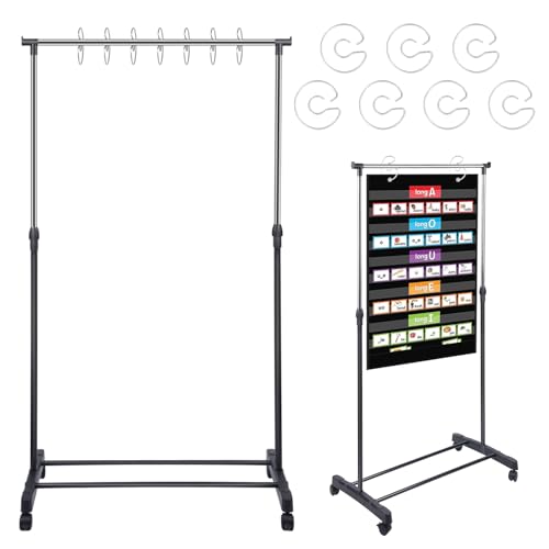 AshKiz Pocket Chart Stand Rolling Adjustable 35.75 to 63 Inch with 7 Rings Stainless Steel for Classroom Educational Tools Black