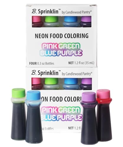 Candlewood Pantry B. Sprinklin Neon Liquid Food Coloring Kit Set of 4-0.3 fL Oz - Pink, Green, Purple, Blue - Vibrant Food Dye for Slime Crafts, Eggs, Frosting and Cake Decorating (Pack of 2)
