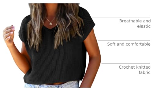 Image of LCXWFE Womens Summer Cropped Sweater Vest Trendy Cap Sleeve Crop Tops Crew Neck Loose Knit Tank Top
