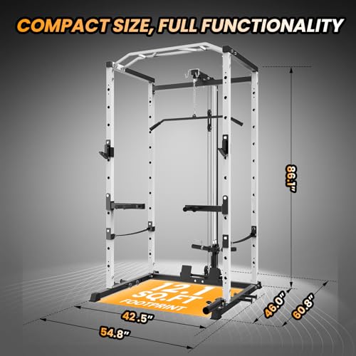 Power Cage with LAT Pulldown, Multi-Functional Power Rack with Cable Pulley System and J-Hooks, Squat Rack with Dip Bars and Landmine Attachment, Weight Cage for Home Gym Equipment