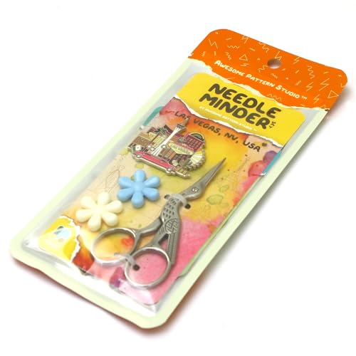 Image of Awesome Pattern Studio Needle Minder Set - Las Vegas Magnetic Needle Minder + 2 Needle Threaders + Crane Scissors. Enamel Pin for Cross Stitch, Embroidery and Craft