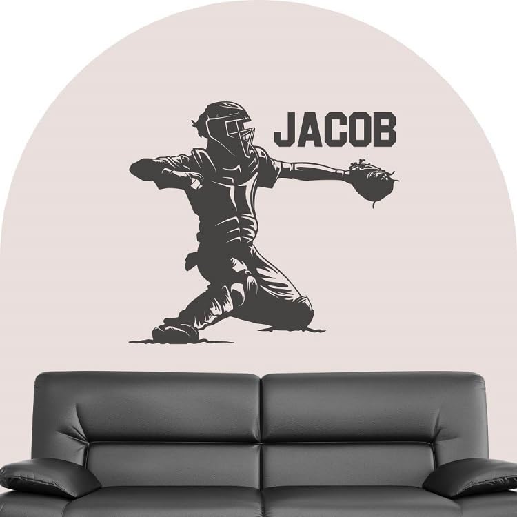 Wall Vinyl Decal Home Decor Art Sticker Baseball Catcher Player Sport Customized Name Boy Teen Bedroom Living Room Removable Stylish Mural Unique Design 2432