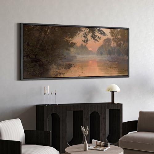 Image of MUDECOR Extra Large Framed Canvas Print Wall Art Serene River Sunset Reflection Soft Nature Landscape Antique Retro Ready to Hang Painting for Living Room Bedroom Multi-Sizes - 60 inchx30 inch